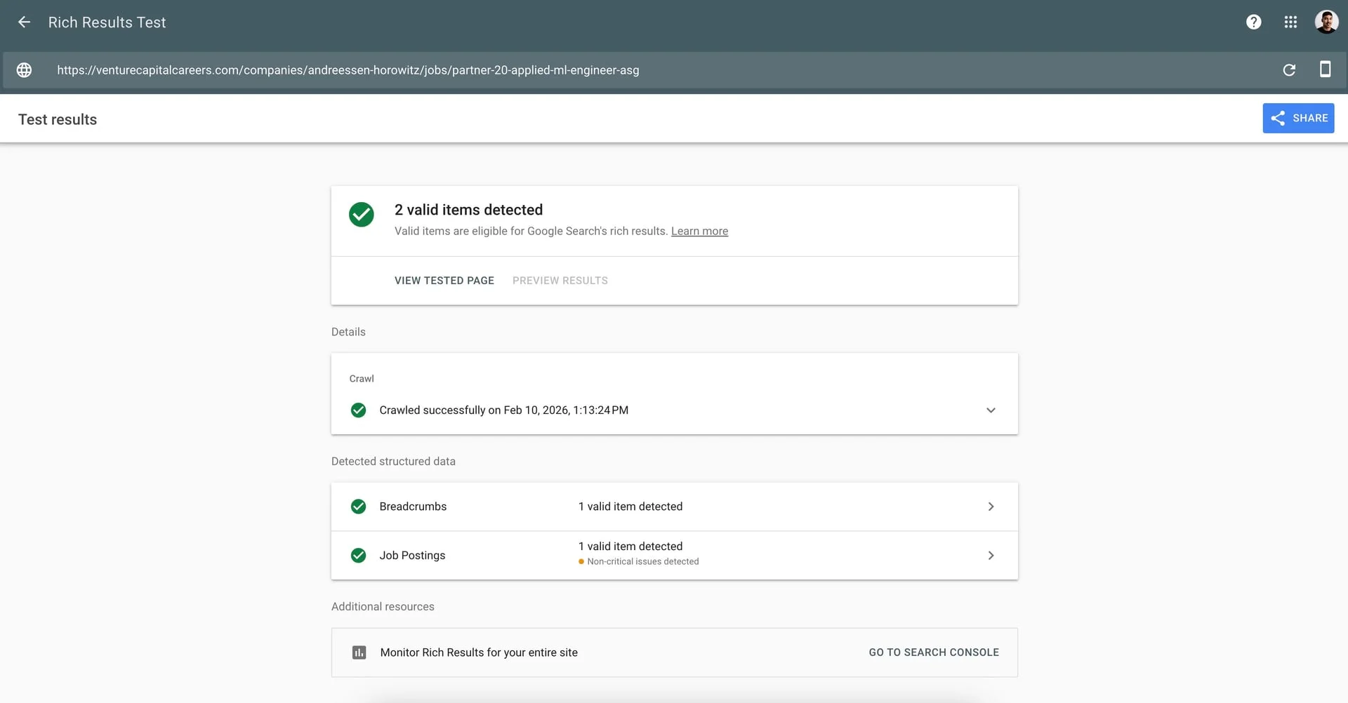 Rich Results Test showing a valid JobPosting result with all required properties detected