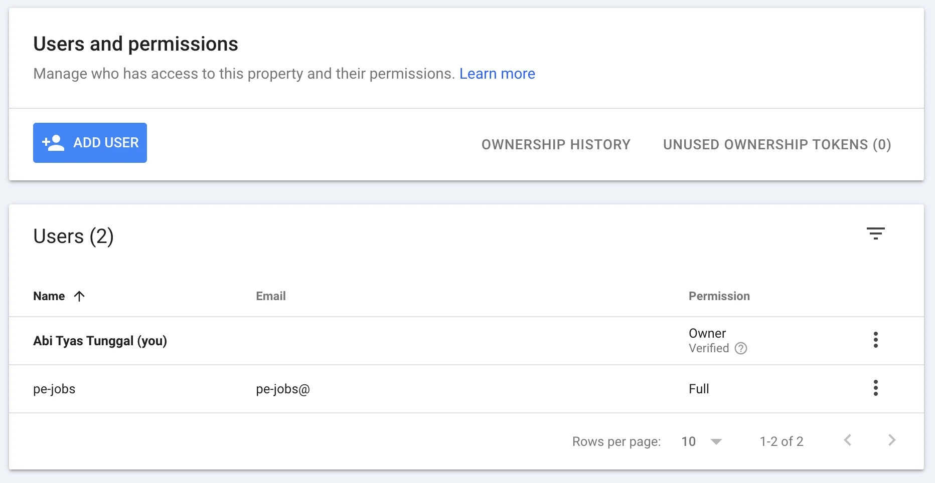 Search Console Users and permissions page showing service account added as Owner