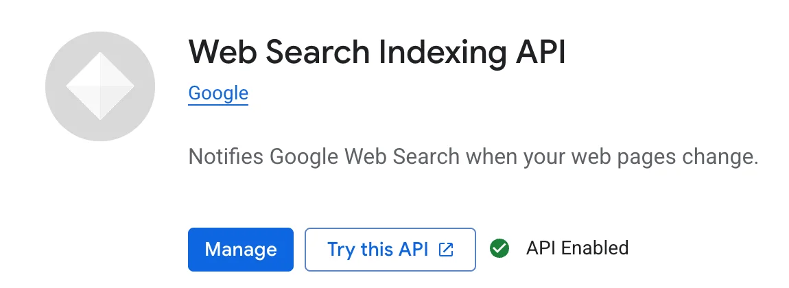 Google Cloud Console showing the Web Search Indexing API enable page